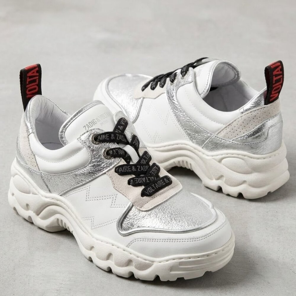 Zadig & Voltaire Paris Blaze White/Silver Metallic Sneaker Size 36